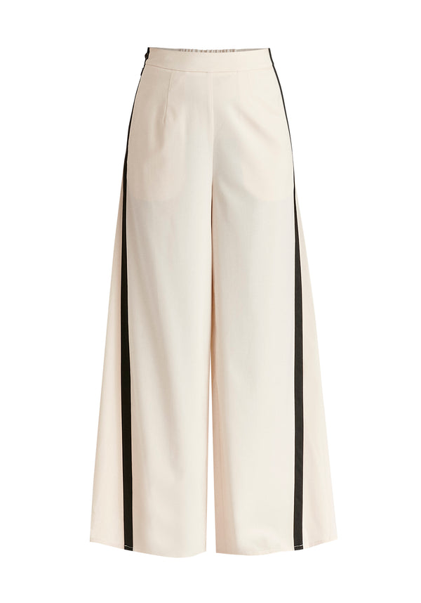 Contrast Trim Wide Leg Trousers in Beige and Black Cutout